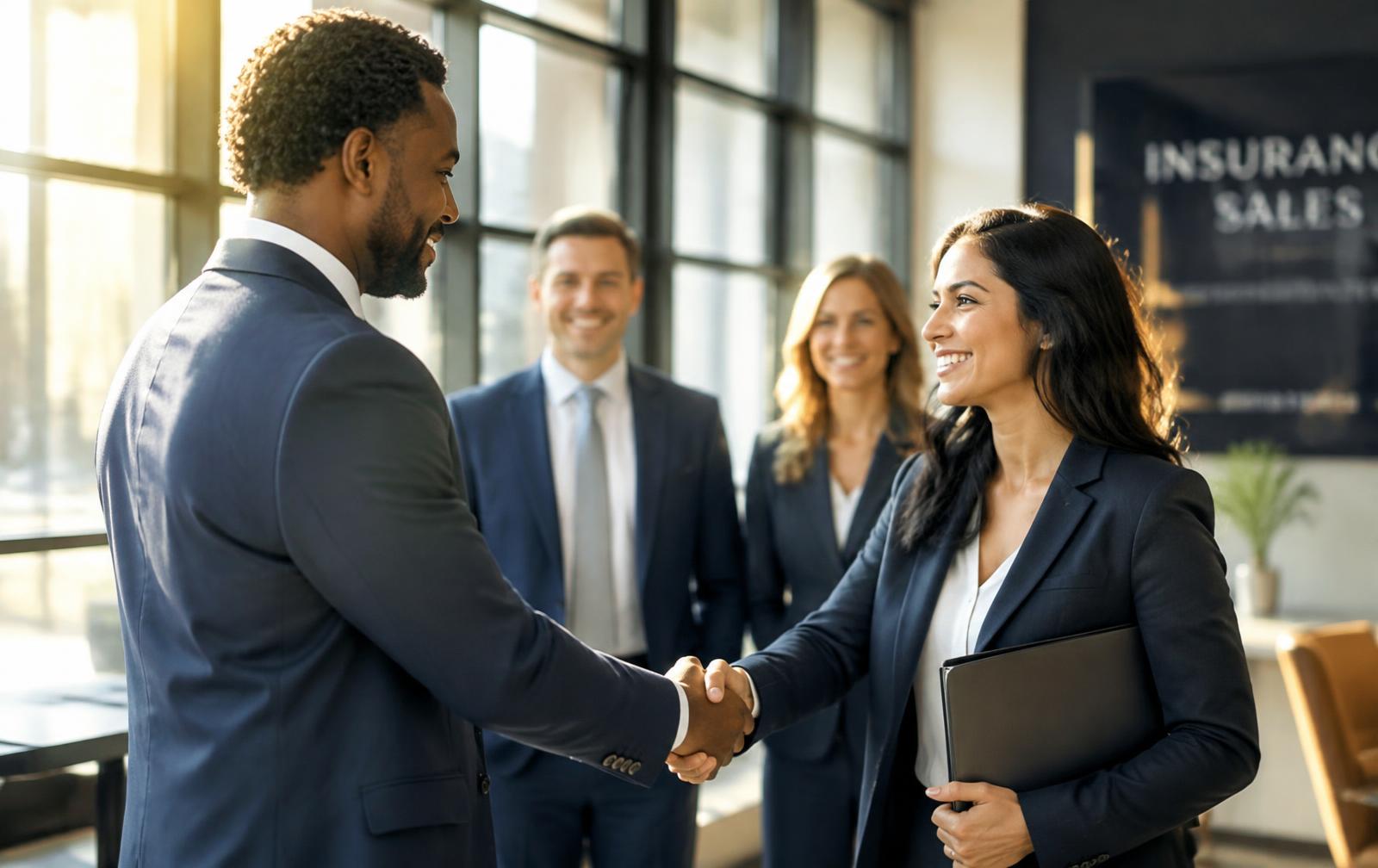 Insurance sales professionals shaking hands in a modern office